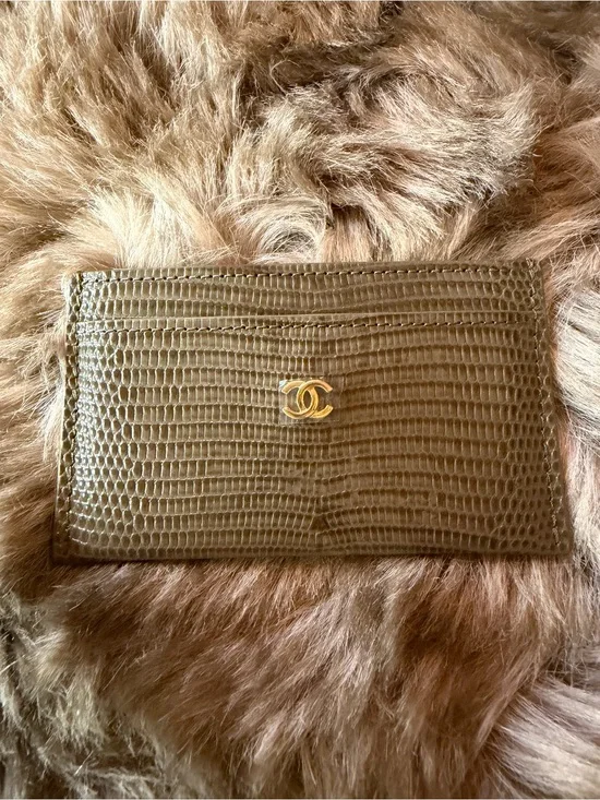 Chanel Embossed Lizard Cardholder in Khaki and Gold hardware