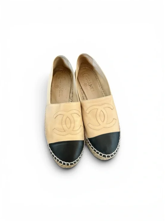 CHANEL Beige and Black Espadrille Flats with CC Logo