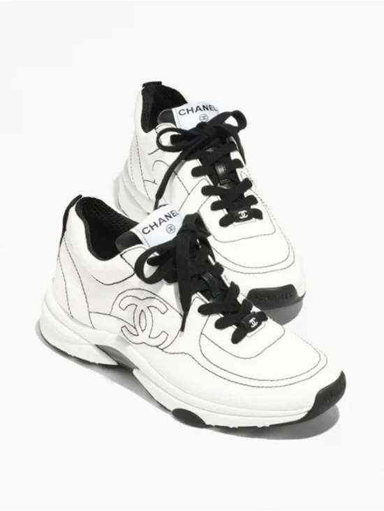CHANEL White and Black Lace-Up Runner Sneakers