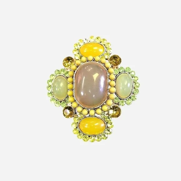 Yellow And Green  Multicolored Brooch With Oval And Round Gemstones