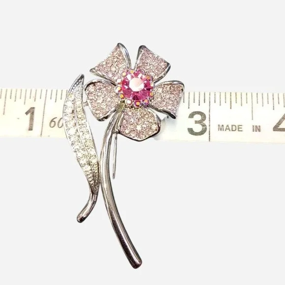 Silver  Rhinestone  Pink  Flower  Brooch