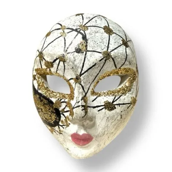 Hand-Painted Miniature Mask Brooch – Gold & Black Art Piece for Women