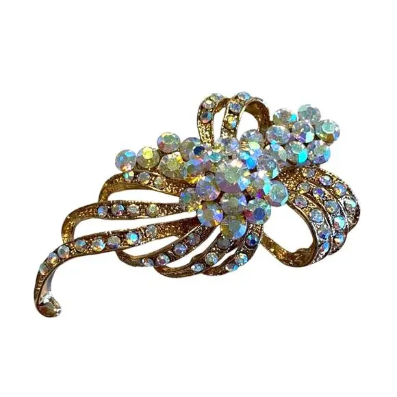 Romantic gold & white rhinestones brooch vintage look pin delicate ornate