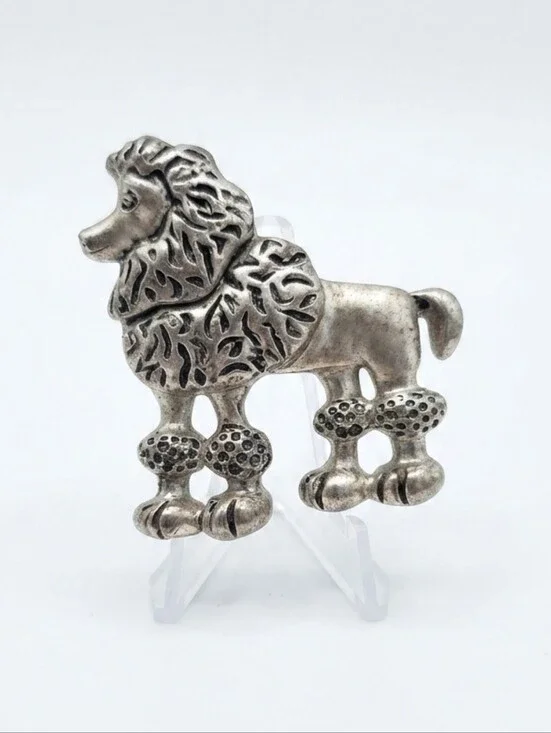 Vintage Silver Tone Textured Mid-Century Poodle Dog Brooch Pin