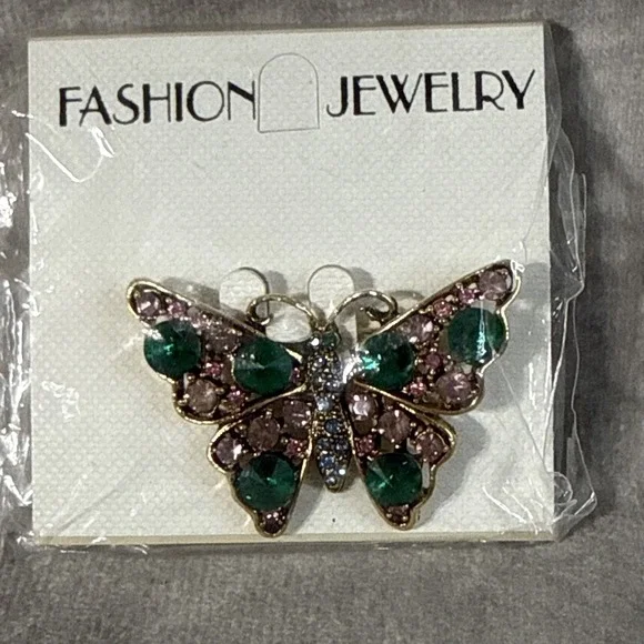 Fashion Jewelry Butterfly Brooch Pink Green Gold Tone
