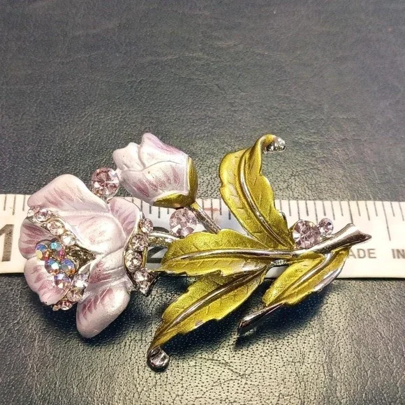 Pink, Green  And Gold Floral Brooch With Rhinestone Acccents