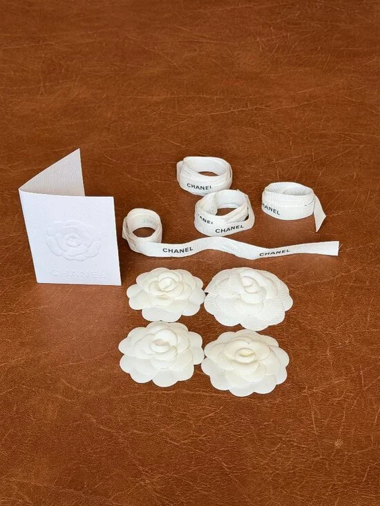 Authentic Chanel Ribbons, Camellia Flowers & Envelope