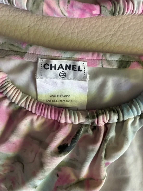 CHANEL Pastel Floral Triangle Bikini in Pink and Green
