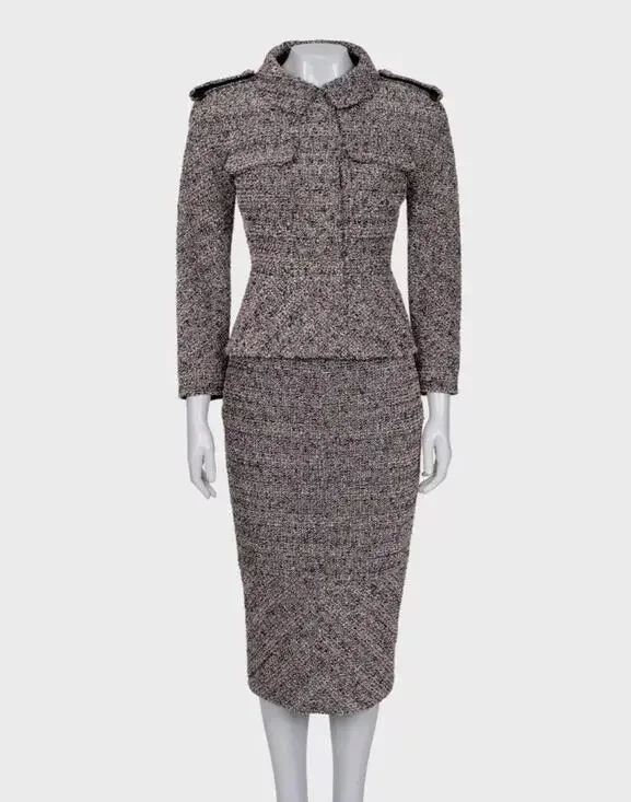 Chanel 2016 Pink Black & Silver Bouclé Wool Skirt Jacket Suit FR34