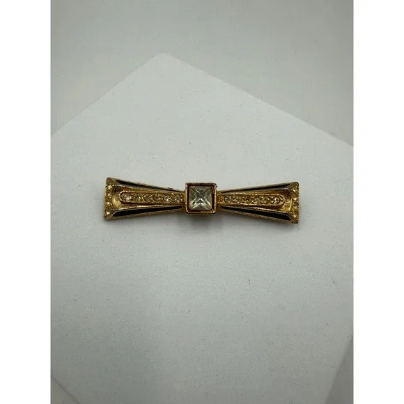 Vintage Gold‎ Tone Art Deco Bow Brooch Black Enamel Crystal Rhinestone Bar Pin