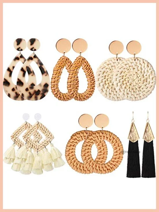 6 Pair Bohemian Rattan Straw Tassel Geometric Drop Dangle Earrings