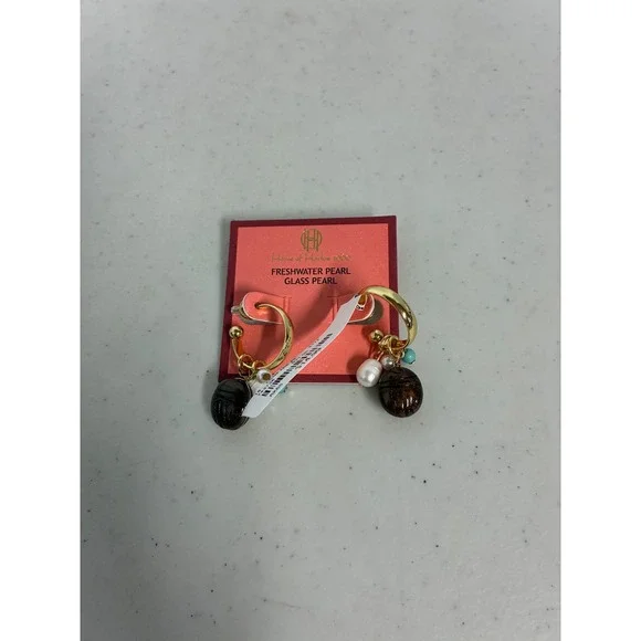 House of Harlow Gold Tone Freshwater Pearl Glass Pearl Scarab‎ Hoop Earrings NEW