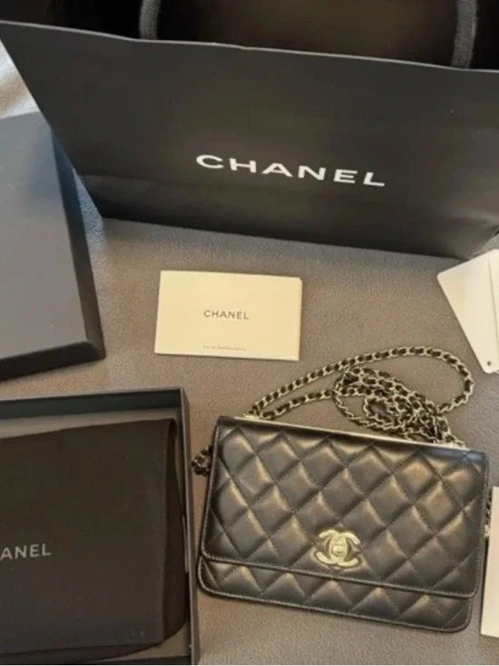 CHANEL Black Quilted Lambskin Shoulder Bag with Gold Hardware