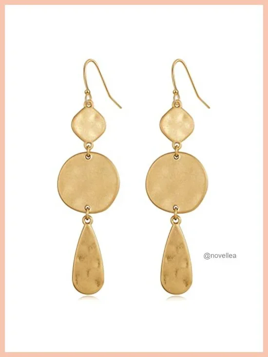 Gold Plated Dangle Earrings Hammered Geometric Disc Boho Jewelry