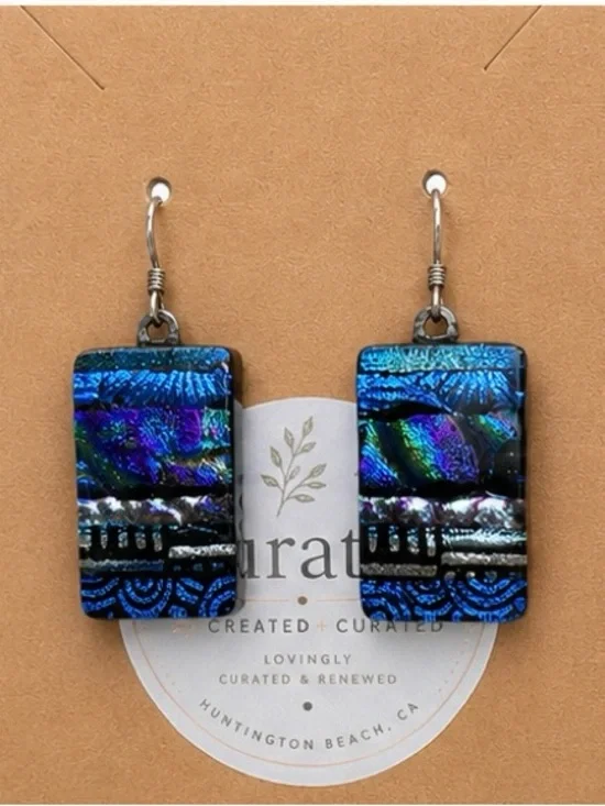 Artisan Dichroic Glass Drop Earrings | Blue Iridescent Fused Glass Dangles