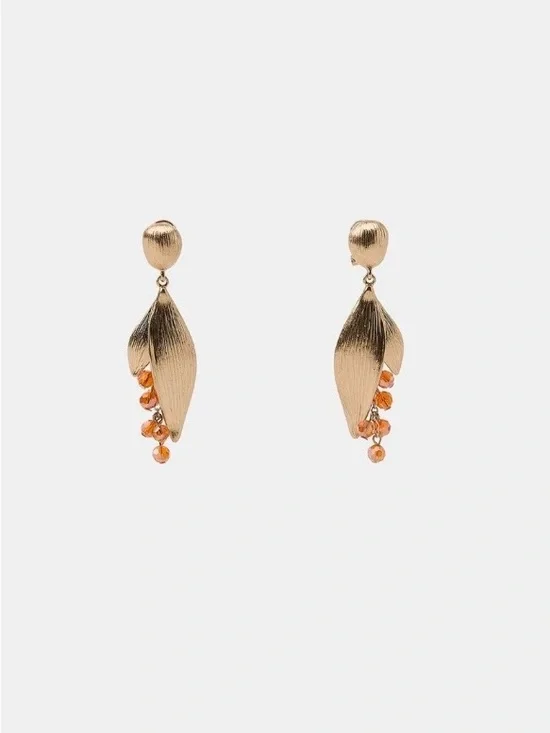 Zara NWT Gold Leaf Drop Earrings with Amber Beaded Accents