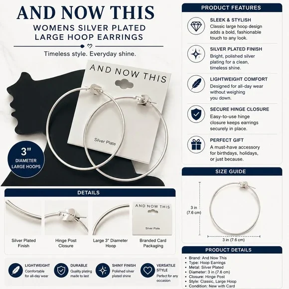 And Now This Womens Silver Plated 3 Inch Large Hoop Earrings Polished Hinge Post