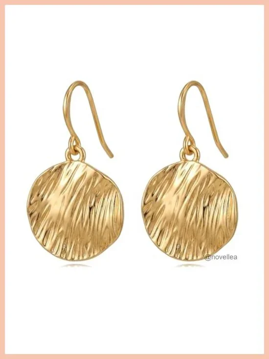 14K Gold Plated Drop Earrings Round Cubic Zirconia Hammered Disc Dangle Big