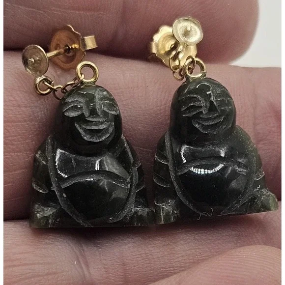 1/20 12k GF Natural Green Jade Buddha Chinese Earrings
