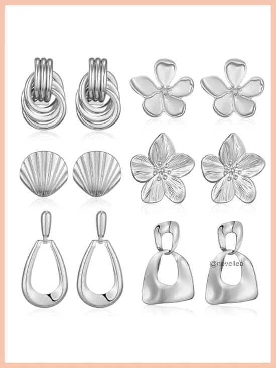 6 Pairs Dangle Earrings Set Gold Plated Flower Shell Knot Statement