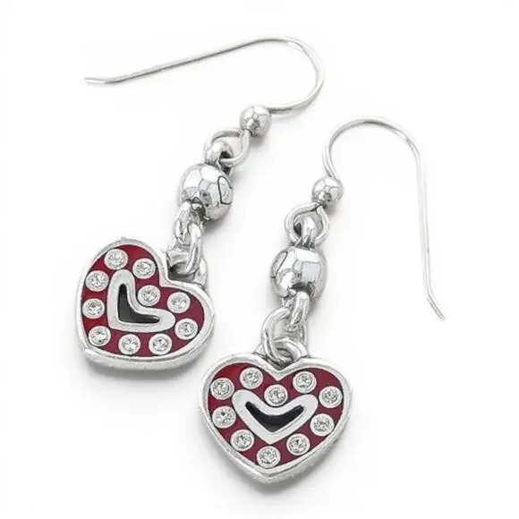 Brighton Sweet Hearts Red Enamel Dangle Earrings Clear Rhinestone Accents