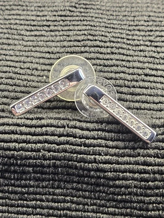 Swarovski Crystal Bar Stud Earrings Silver Tone Clear Pave