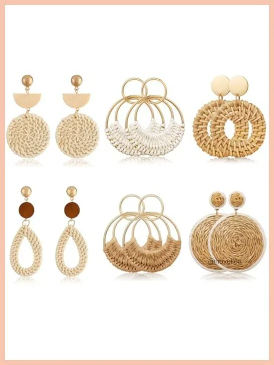 4 Pairs Geometric Rattan Earrings Handmade Straw Wicker Drop Dangle Boho