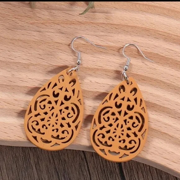 Wood dangle mustard colored earrings
