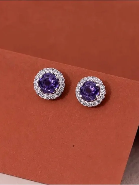 Amethyst Halo Crystal Silver Stud Earrings