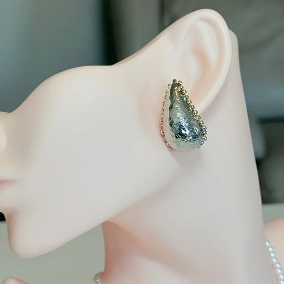 Silver Teardrop Beaded Edge Earrings - Women Jewelry