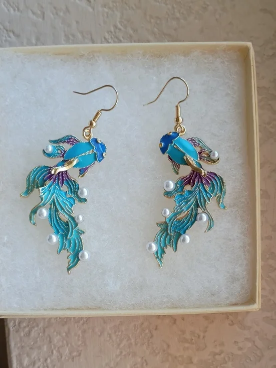 Betta Fish Enamel Pearl 3D Earrings Gold Toned