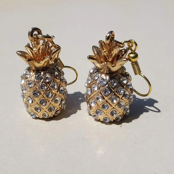 Gold Tone Rhinestone Pineapple Drop Earrings Gold Tropical Kitsch Dangle