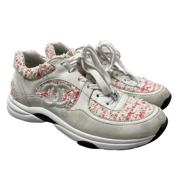 Chanel Tweed Leather Suede Sneakers Womens 39 White‎ Pink G38299 Low Top CC Logo