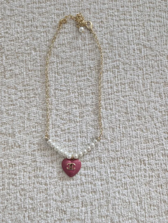 CHANEL Gold-Chain Necklace with Pink Heart and Pearls