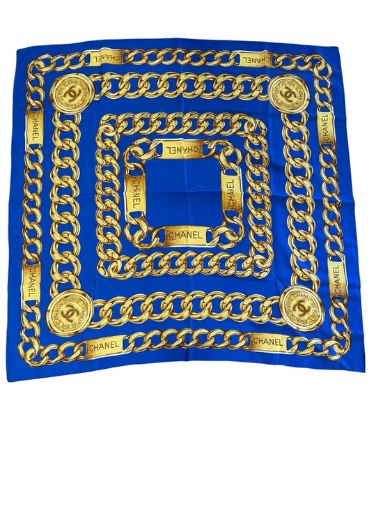 CHANEL Royal Blue Silk Scarf with Gold Chain Print