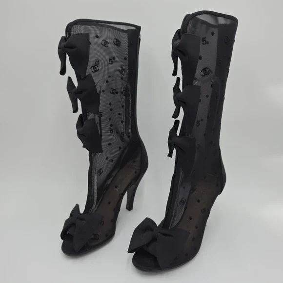 Chanel Black Mesh CC Logo Bow Peep Toe Mid Calf Stiletto Boots 36.5 C Italy