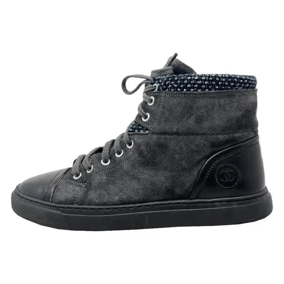 Chanel Suede & Tweed High-Top Sneakers – Gray/Black‎ – Size 40