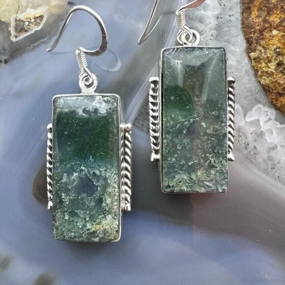 Sterling Southwestern Style Rectangle Moss Agate Dangle Earrings For Women