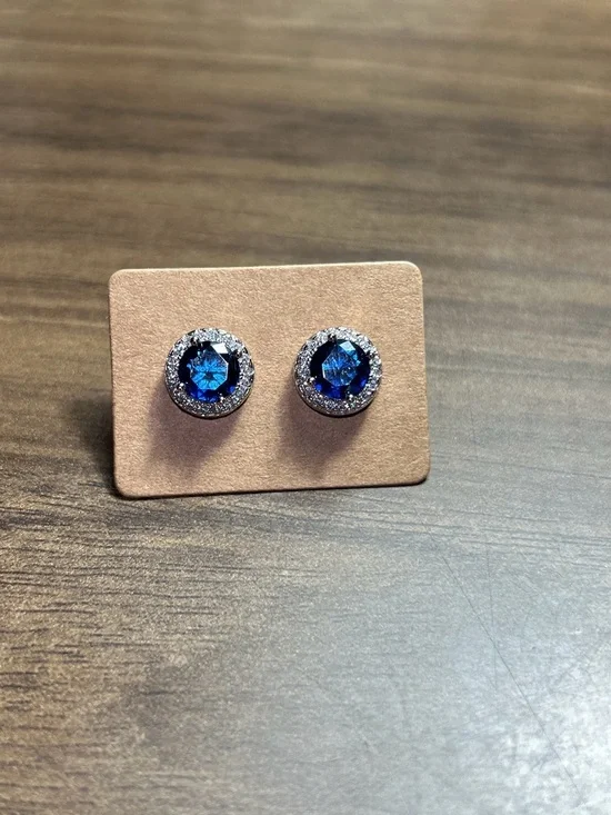 Classic Blue Halo Stud Earrings with Clear Accent Stones