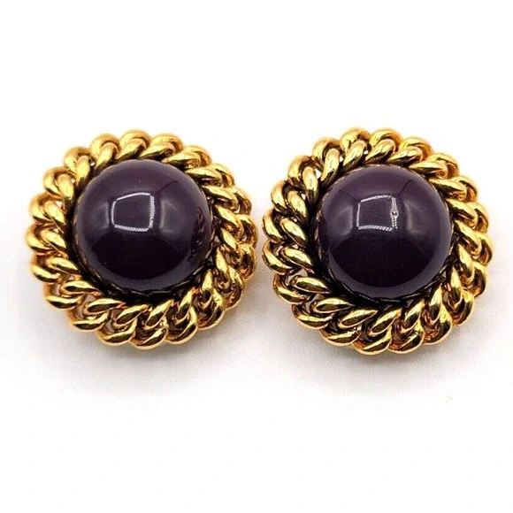 JOAN RIVERS‎ ROUND CABOCHON DARK PURPLE GOLD TONE ROPE CLIP ON EARRINGS SIGNED