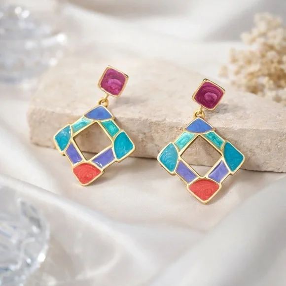 Vibrant Multi Color Resin Gripoix Cabochon Gold Plated Pierced Earrings.