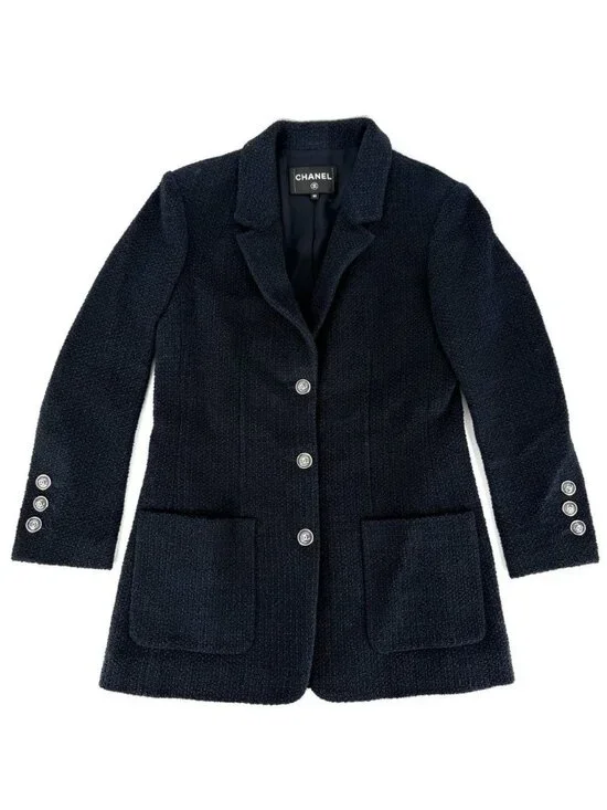 Chanel Tailored Jacket CC Logo 38 Navy Cotton Viscose