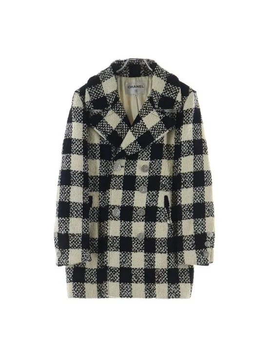 Chanel Tweed Block Check Double Coat White Black