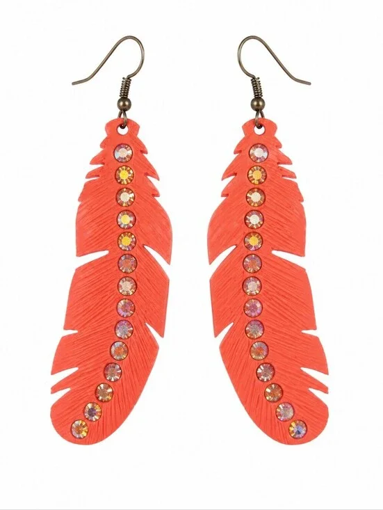 Vtg 1980s Neon Pink Aurora Borealis Rhinestones Metal Feather Festival Earrings