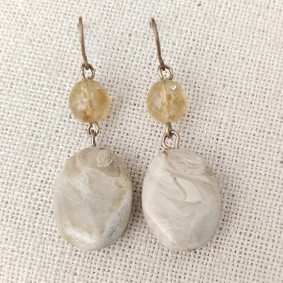 Faux natural toned stone and pale beige bead earrings