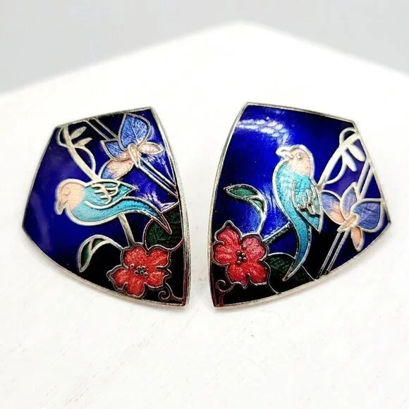 Vintage Silver Tone Cloisonne Bird & Flower Earrings Blue Enamel Shield Shape