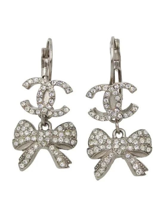 Chanel CC Logo Ribbon Rhinestone Swing Earrings