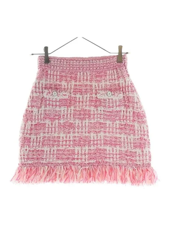 Chanel Tweed Fringe Skirt CC Logo Button Pink White
