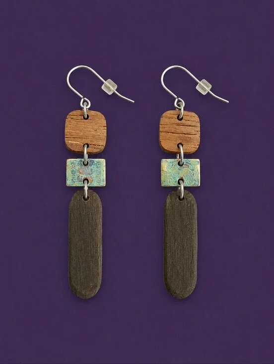 VTG Wood Geometric Art Deco Dangle Hook Earrings