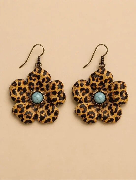 Vintage 1980s Leopard Print Flower Dangle Earrings